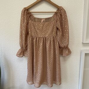 Babydoll Dress Mini Peach Tan Gold with 3/4 Sleeve Women's Size Small